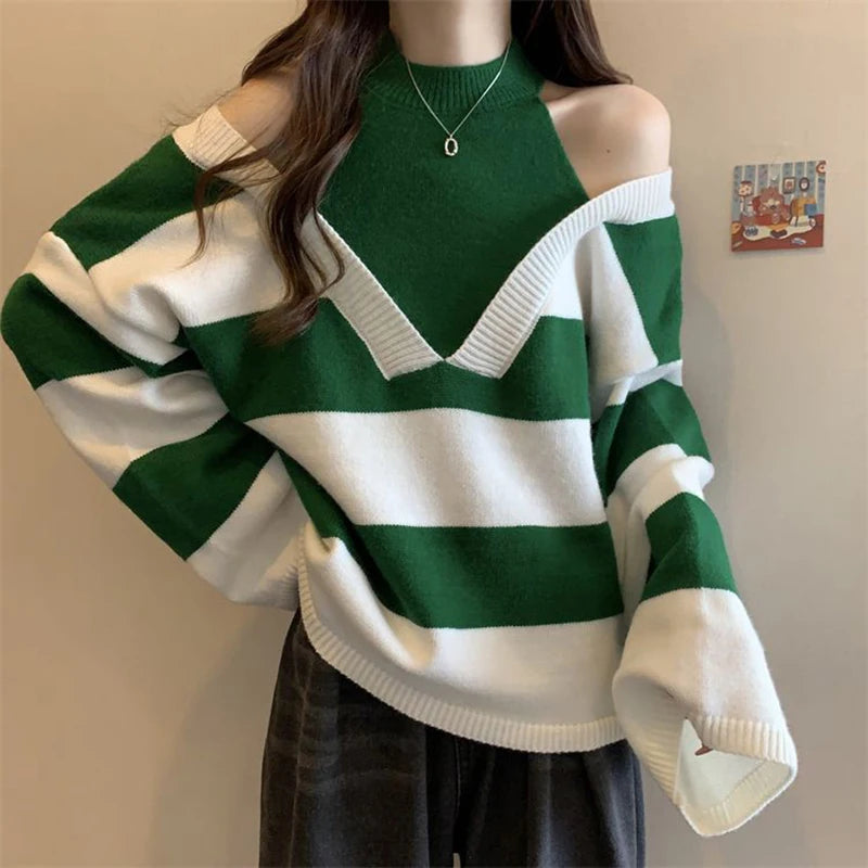 Y2K Stripe Halter Women Sweaters Korean Knitted Loose Patchwork Female Pullovers Autumn Preppy Style All Match Chic Ladies Tops