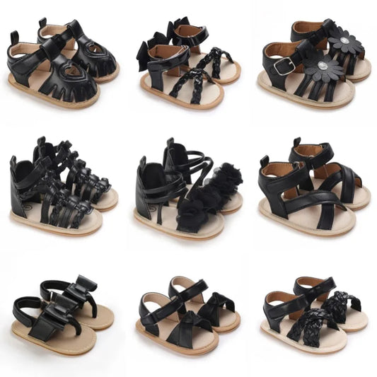 Summer Black Fashionable Baby Sandals 0-12 Month Girl Beach Play Shoes Rubber soled Indoor and Outdoor Walking Shoes