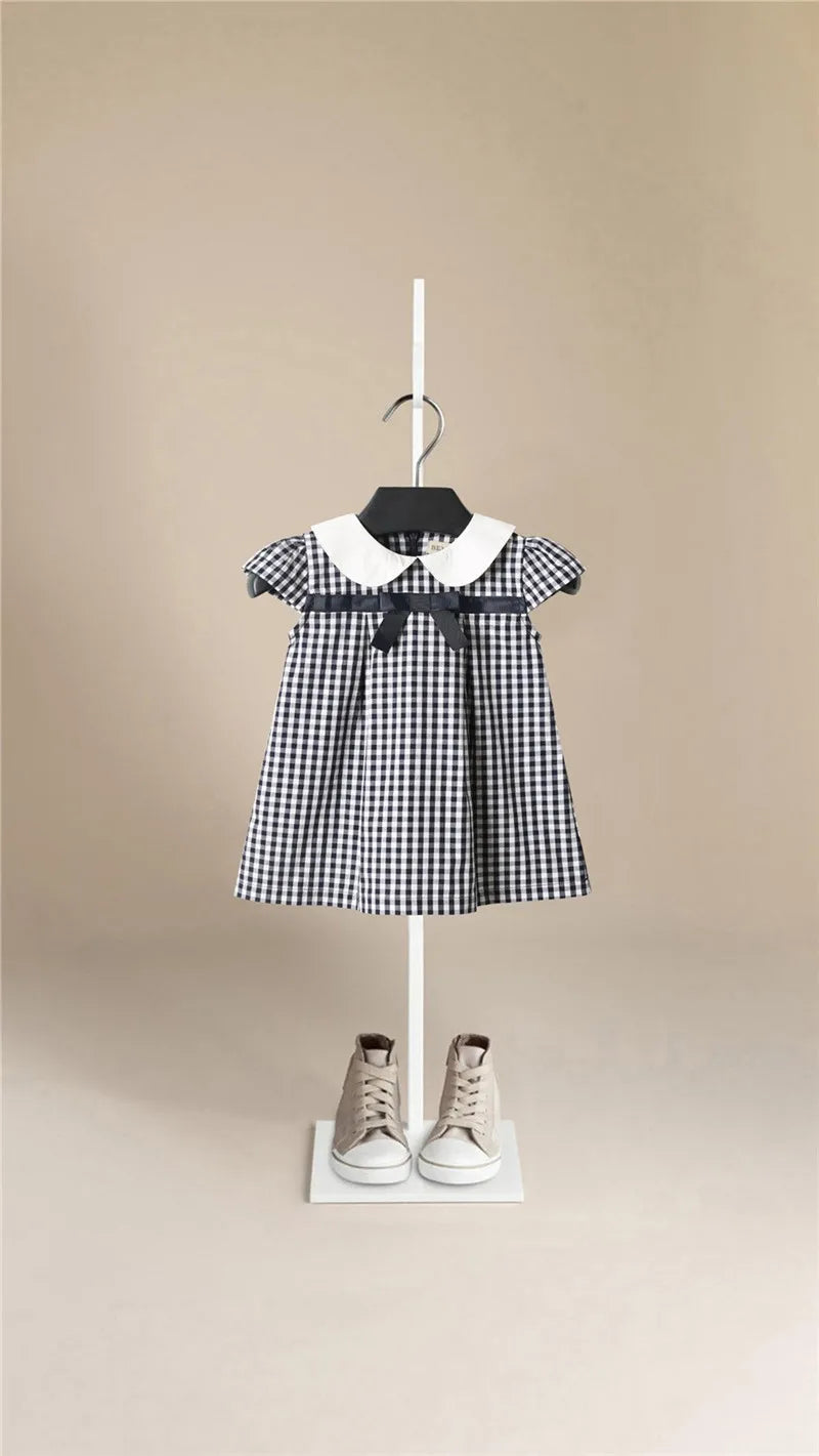 Baby Girls Clothes Summer Dress Flying Sleeve Newborn Infant Dresses Cotton Plaid Dress Headband Toddler Dresses for Baby Girls