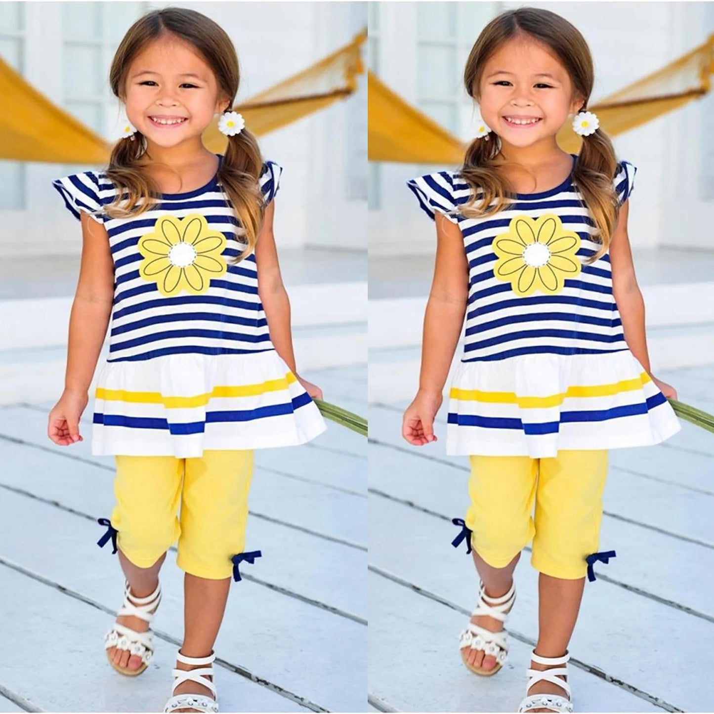 2Pcs Clothes Set 1-8Y Toddler Kids Girls Summer Clothing Sunflower Daisy Striped T Shirt Tops+Pants Leggings Infant Outfits Sets