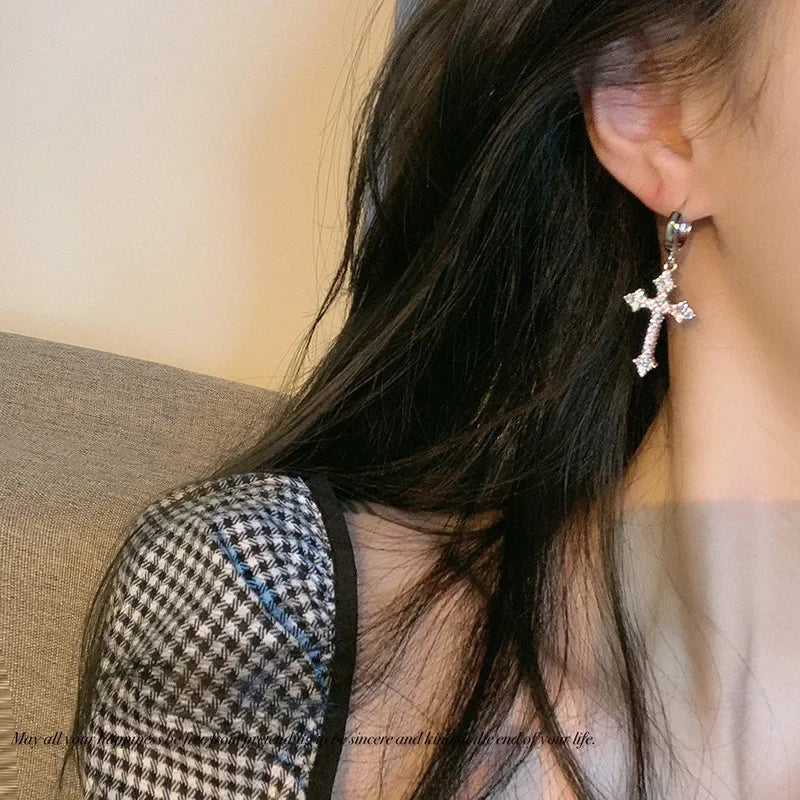 Korean Fashion Zircon Crystal Cross Women Drop Earrings for Gothic Punk Hip Hop Female Piercing Drop Earrings Party Jewelry Gift