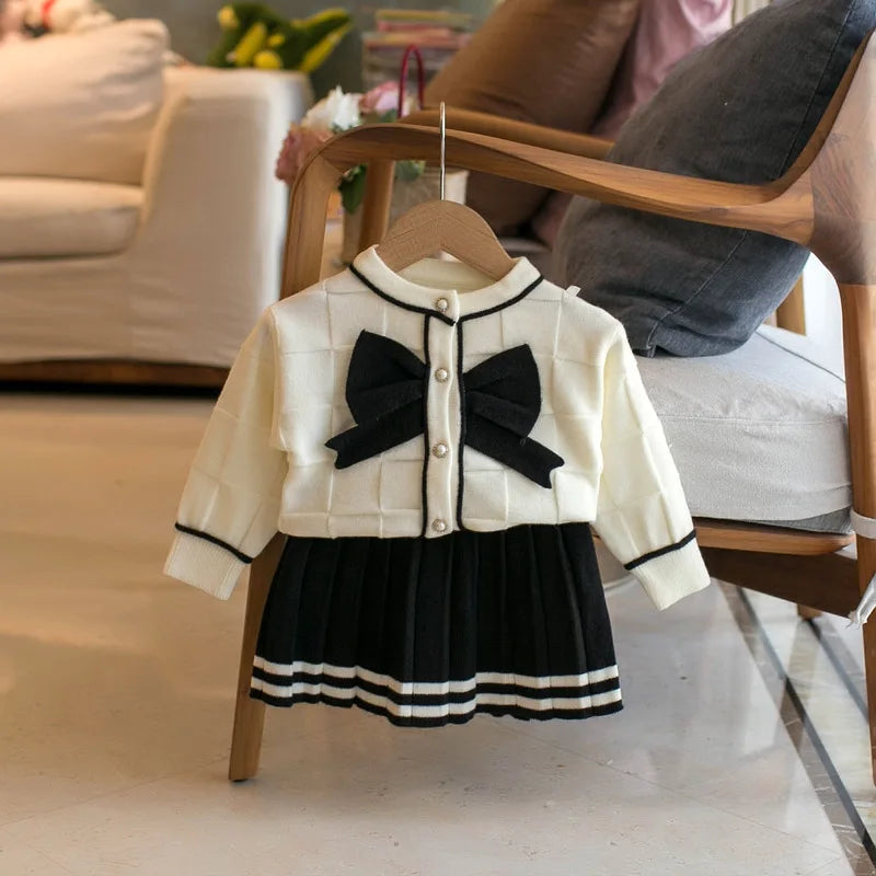 2023 Autumn Winter Girls' Set Children's New Large Bow Sweater Single breasted Cardigan Coat+pleated Skirt Baby Kids Suit