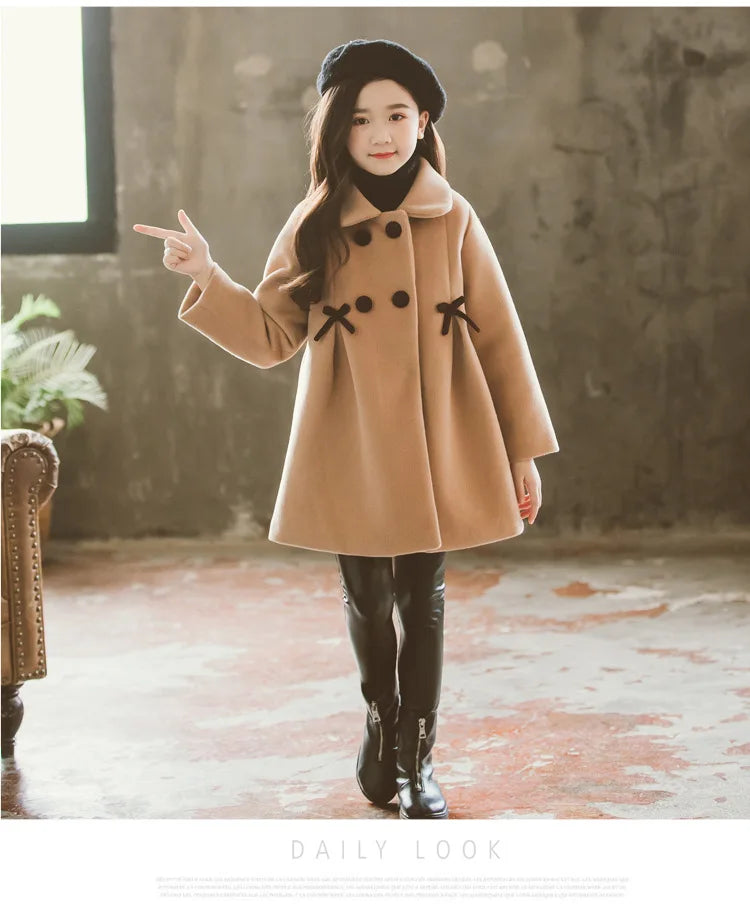 3 4 5 6 8 10 12 Years Girls Wool Coat Autumn Winter Korean Version Long Kids Jacket Double Breasted Children Outerwear Clothing