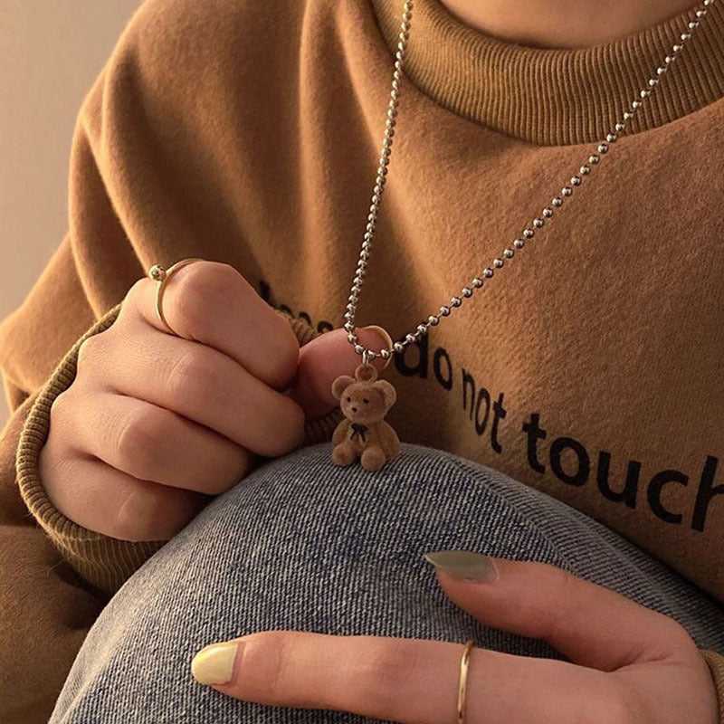 Sweet Cute Plush Bear Pendant Necklace For Girls Women Korean Style Fashion Bear Long Sweater Neck Chain Collar Jewelry