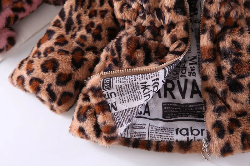 Autumn Winter Plush Baby Girls Jacket Fashion Leopard Print Warm Faux Fur Coat For Girls Hooded Outerwear 2-8 Years Kids Clothes