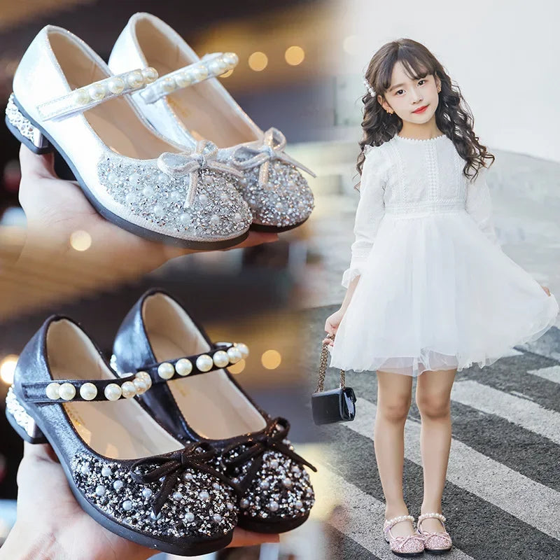 New Children Princess Party Girls Shoes Mary Janes Flats Fling Shoe Baby Fashion Pearl Rhinestone Dance Shoes Kids Wedding Shoe