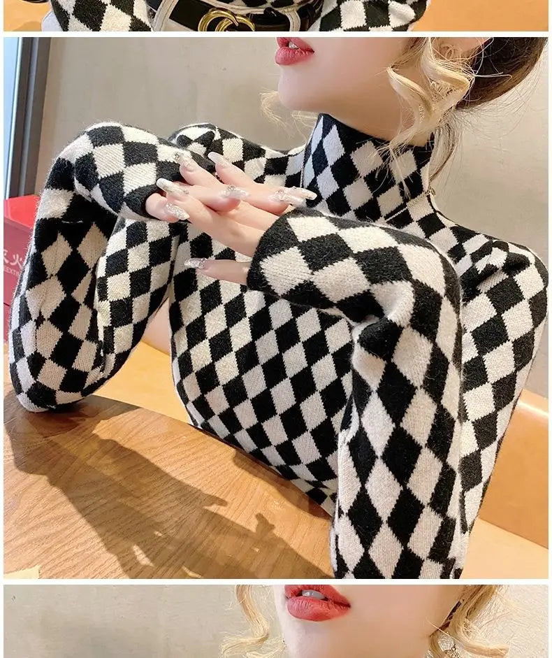 Women Clothing Fashion Elegant Mock Neck Long Sleeve Pullovers Spring Autumn Chic Slim Plaid All-match Tops Office Lady Sweaters