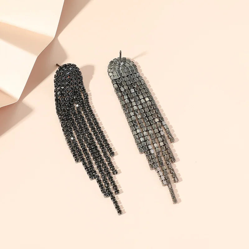 FYUAN Fashion Long Tassel Drop Earrings for Women Black Gold Silver Color Rhinestone Dangle Earring Wedding Party Jewelry