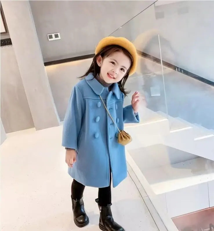 Winter Girl Baby Jacket Outdoor Cardigan Children's Medium Length Woolen Cotton Coat Thickened Double Breasted Jacket New 2024