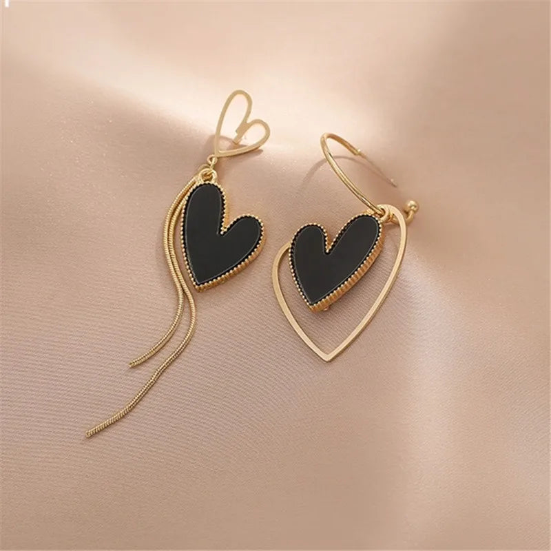 S925 Silver Needle Asymmetric Love Tassel Fashion Heart-shaped Long Earrings Jewelry Black And White Exaggerated Earrings Brinco