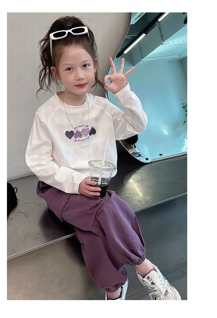 Girls Purple Casual Pants Big Children's Clothing Korean Black Cargo Long Pants Girls 2024 Spring Fashion New Cotton Trousers