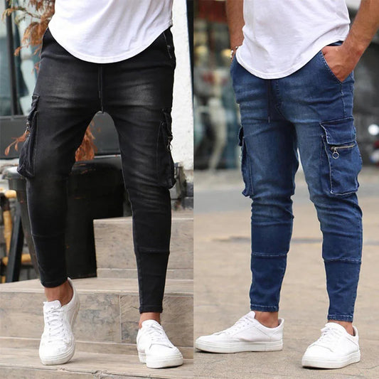 European and American Men's Multi Pocket Elastic Jeans with Zipper Decoration Work Clothes Punk Skinny Denim Cargo Pants