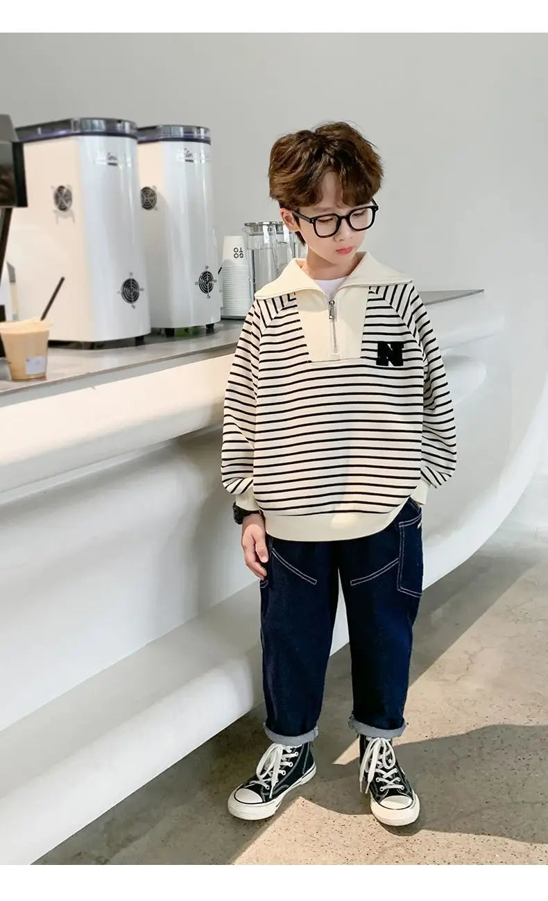 Spring Autumn School Kids Cotton Striped Half Zip Lapel Sweatshirt Boys Pullover Jumper Children Outfits Tracksuit Tops 3-14 Yrs