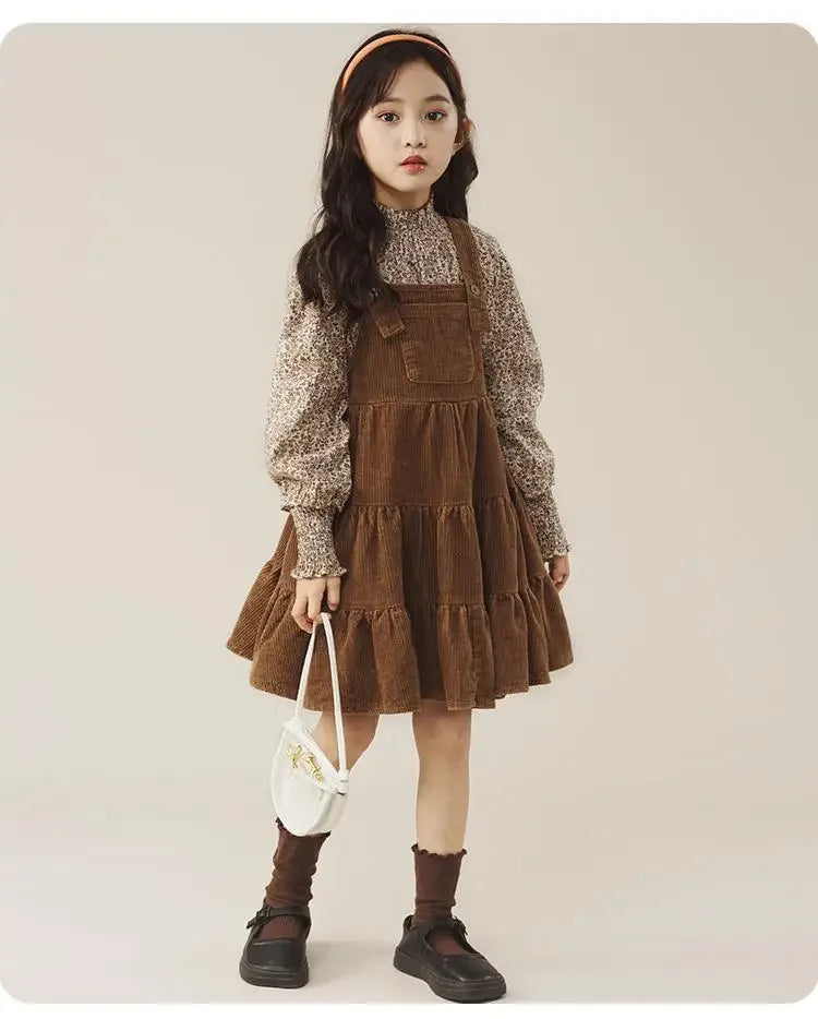 Autumn Children's Girls Daisy Printed Full Sleeve Tshirts and Flannel Suspenders Dress Set Elegant Lolita Spring Clothes