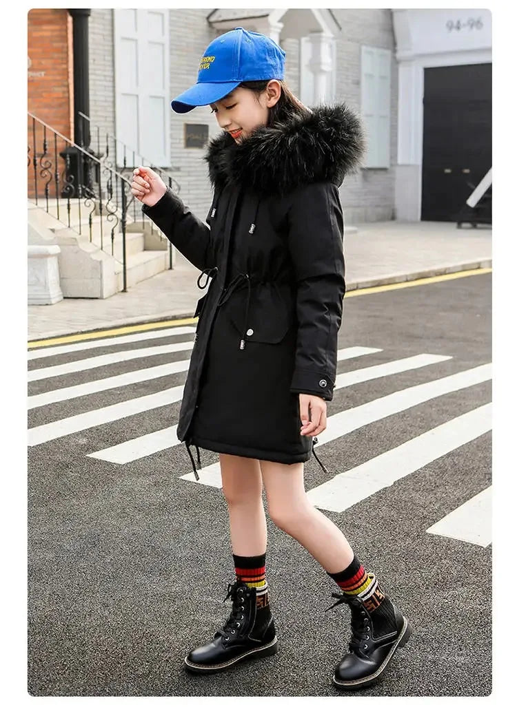 5-14 Years Teen Girls Winter Jacket Plus Velvet Warm Kids Windbreaker Coat For Girls Fur Collar Hooded Parkas Children Outerwear