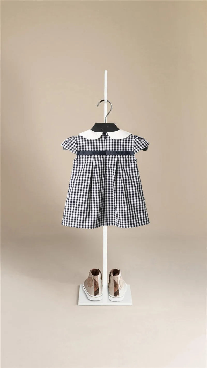 Baby Girls Clothes Summer Dress Flying Sleeve Newborn Infant Dresses Cotton Plaid Dress Headband Toddler Dresses for Baby Girls