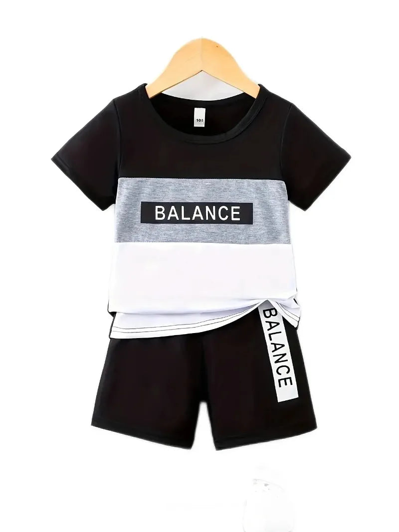 2pcs Boys Casual BALANCE Letter Graphic Print Short Sleeve Colorblock T-shirt & Shorts Set Comfy Summer Kids Clothes