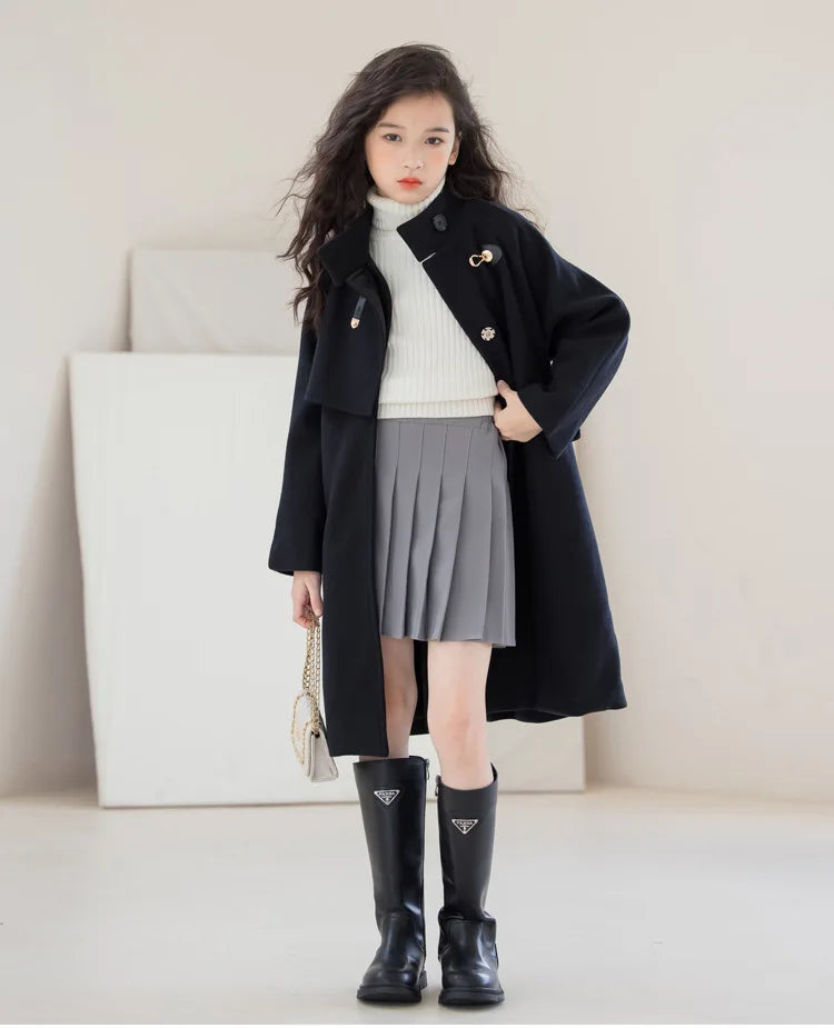 Winter Girls Wool Coat Long Double-faced Tweed Overcoat for Kids Fashion Casual Grey 10 12 14 Years Teenage Children Outerwear