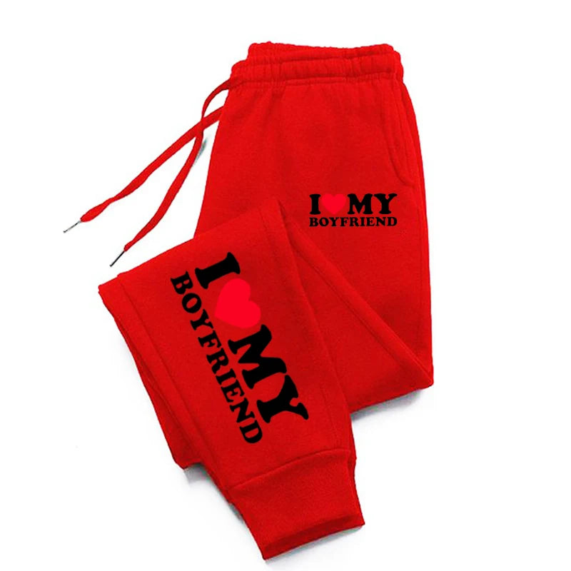 Autumn Woman Man Couple Sweatpants I Love My Boyfriend Print Tracksuit Loose Casual Warm Pants Pocket Drawstring Sportswear