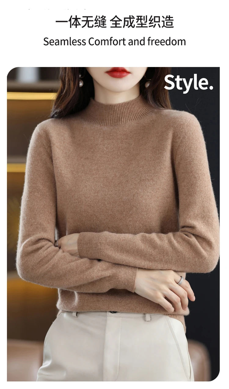 100% merino wool cashmere sweater women's sweater semi-high-necked long-sleeved pullover warm pullover in autumn and winter