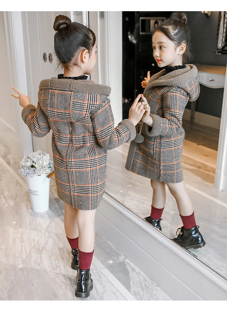 4-15 Year Children Outwear Winter for Girl Plaid Thicken Woolen Jacket Coat Teenage Kids Outfits Wool Long Outerwear Warm Fleece