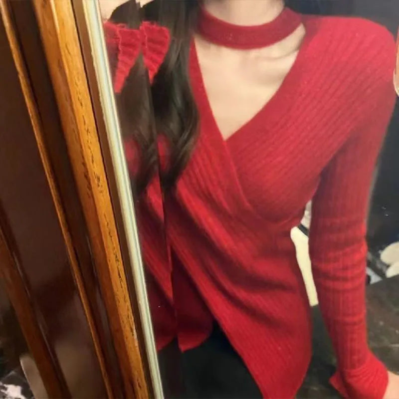 Women Clothing Fashion Chic V-Neck Knitted Top Spring Autumn Hanging Neck Design Knitwear Lady Commute Soft Comfort Pullover