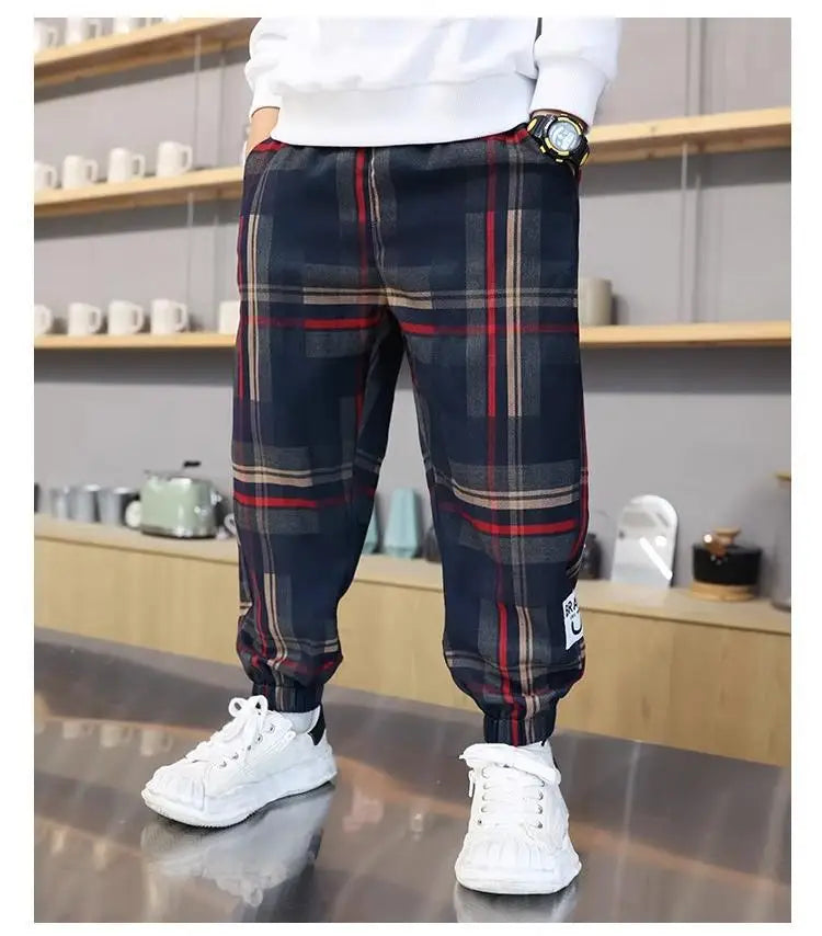 2024 Fashion Boys Cotton Plaid Pants Spring Autumn Toddler Casual Kids Loose Trousers Sweatpants for Teenage Children Clothes