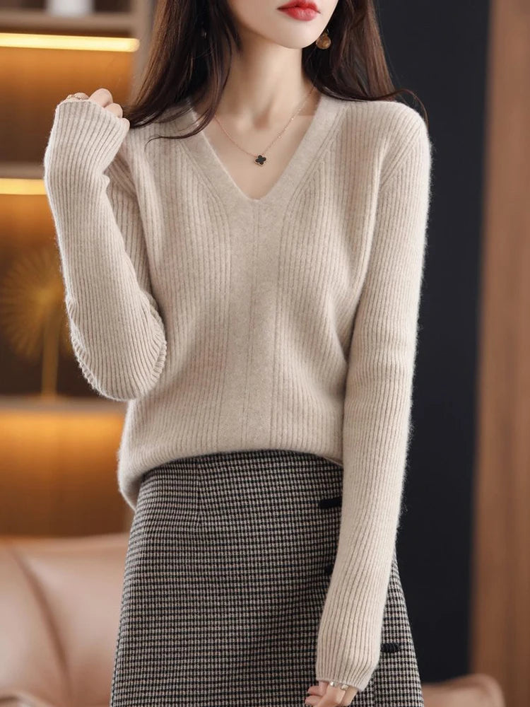 Women Wool V-neck Sweater Bottoming Jumpers Solid Autumn Winter Soft Warm Woman Sweater Knitted Basic Slim Pullovers Tops