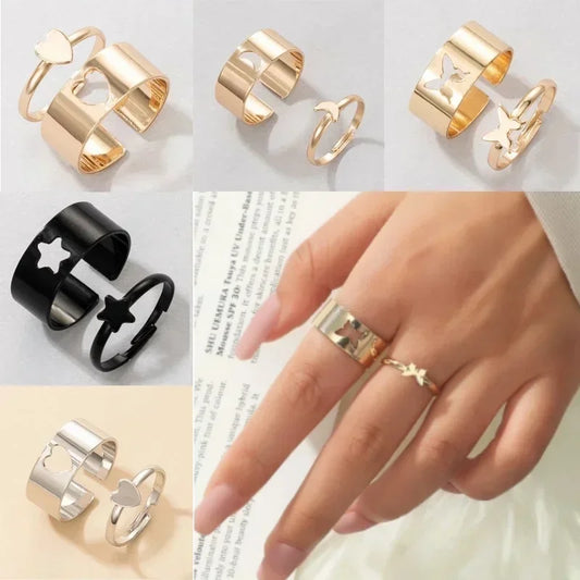 2pcs Ring Set Lover Star Moon Butterfly  Rings for Women Men Couple Golden Black Silver Color Engagement Wedding Jewelry