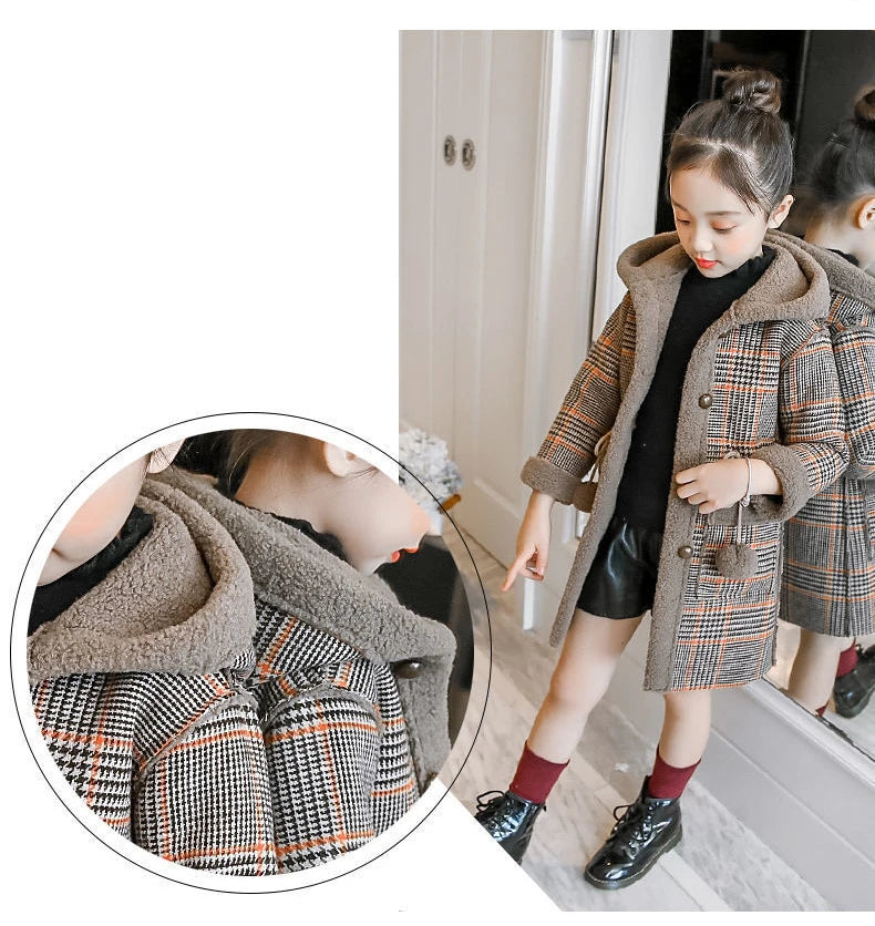 4-15 Year Children Outwear Winter for Girl Plaid Thicken Woolen Jacket Coat Teenage Kids Outfits Wool Long Outerwear Warm Fleece