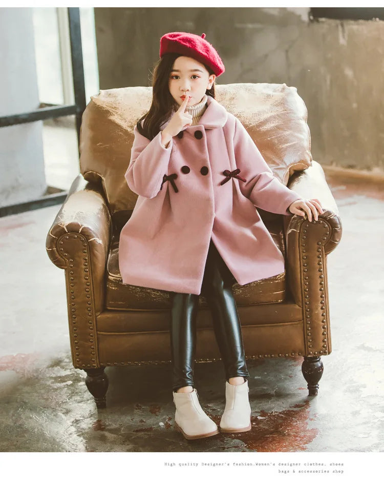 3 4 5 6 8 10 12 Years Girls Wool Coat Autumn Winter Korean Version Long Kids Jacket Double Breasted Children Outerwear Clothing