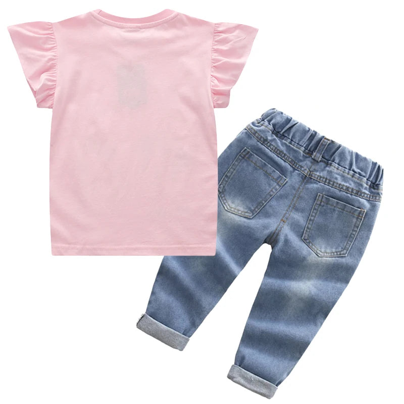 2024 Summer Baby Girls Clothing Set Cartoon Minnie Mouse T-shirt Jeans Pants 2Pcs For 2-6 Years Kids Clothes Child Tracksuit