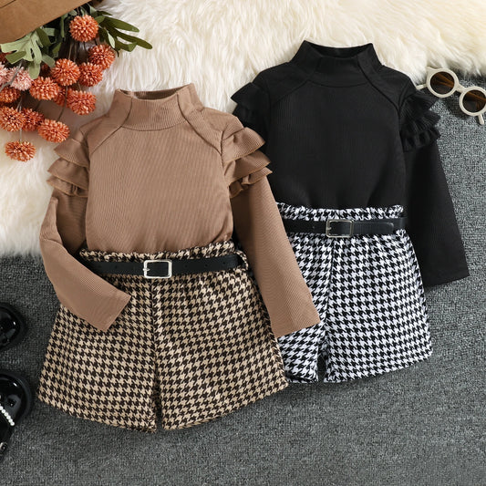 3PCS Autumn New Style 1-5 Year Old Girl Baby Fashionable Casual High-Neck Solid Color Top + Houndstooth Shorts Set