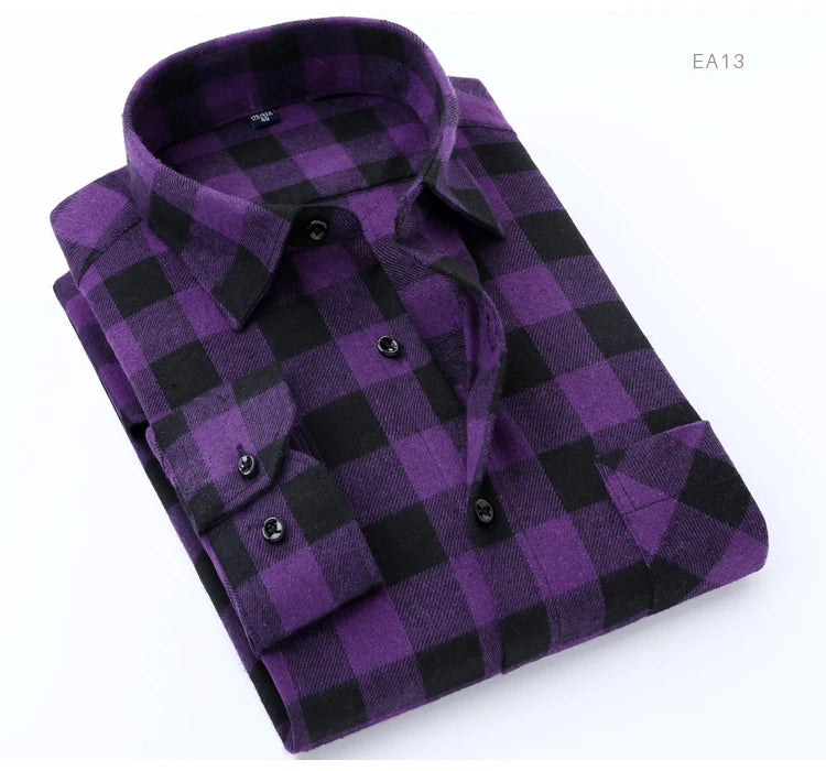 Men's Slim-fit Casual Brushed Flannel Contrast Plaid Shirt Single Patch Chest Pocket Comfortable Soft Long Sleeve Gingham Shirts