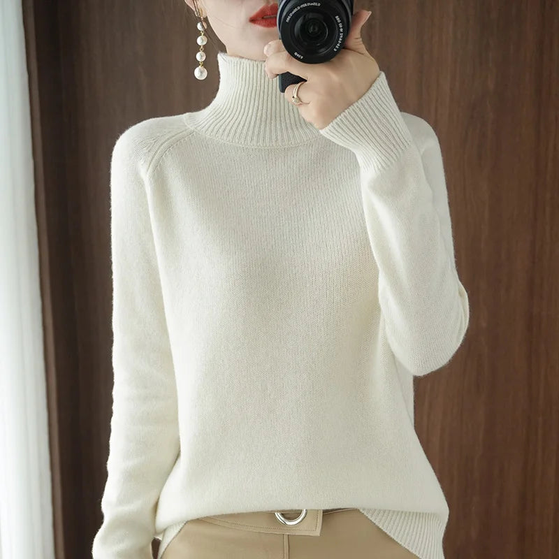 Turtleneck Merino Wool Pullover Basic Casual Cashmere Sweater Comfort Autumn Winter Women's Raglan Sleeve Clothing Tops