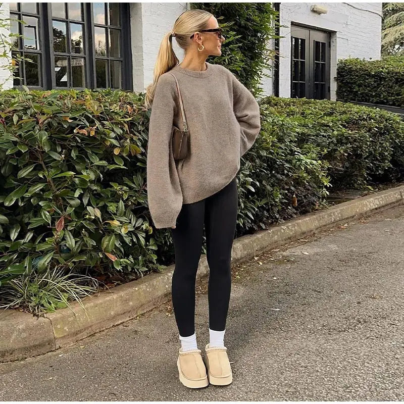 Casual Brown O-Neck knitted Cashmere Pullover Women Fashion Full Sleeve Loose Commute Jumper 2024 Autumn Lady Street Outerwears