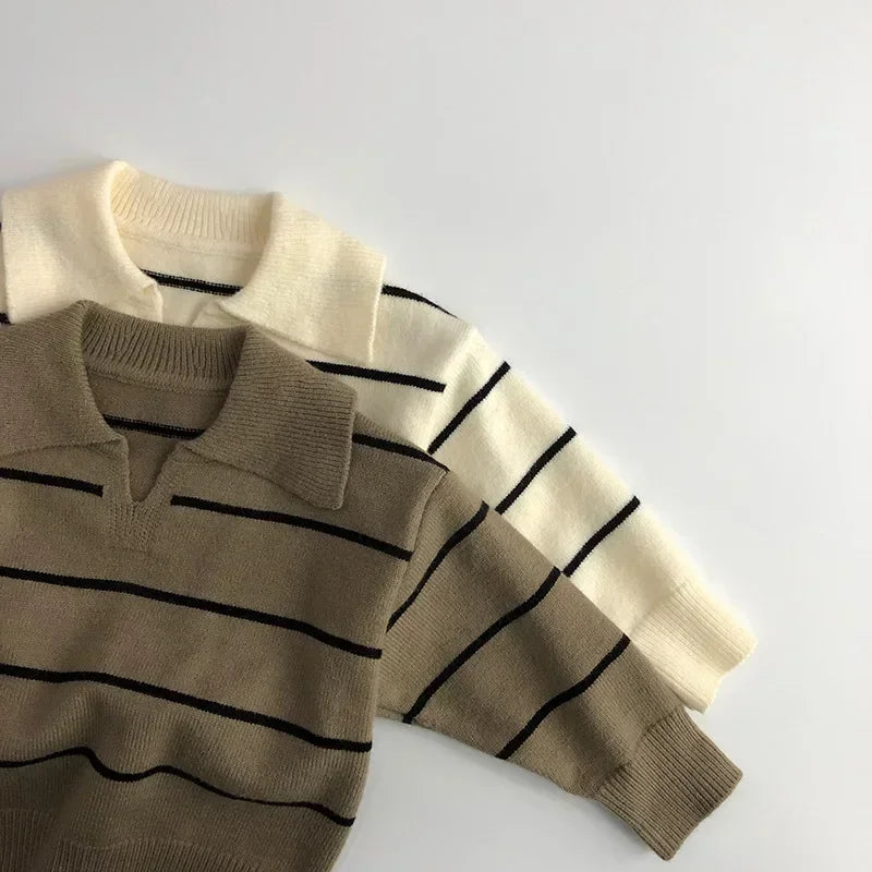 Children's Striped Korean Sweater Spring Autumn V-Neck Pullovers Boys Cotton Turtleneck Sweater Winter Baby Girls Top Clothes