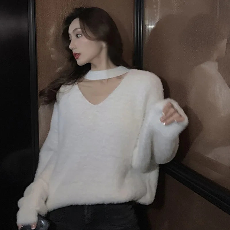 Autumn and Winter Fashion Women Loose Sweater Hanging Neck Solid Color Korean Version V-neckKnitwear