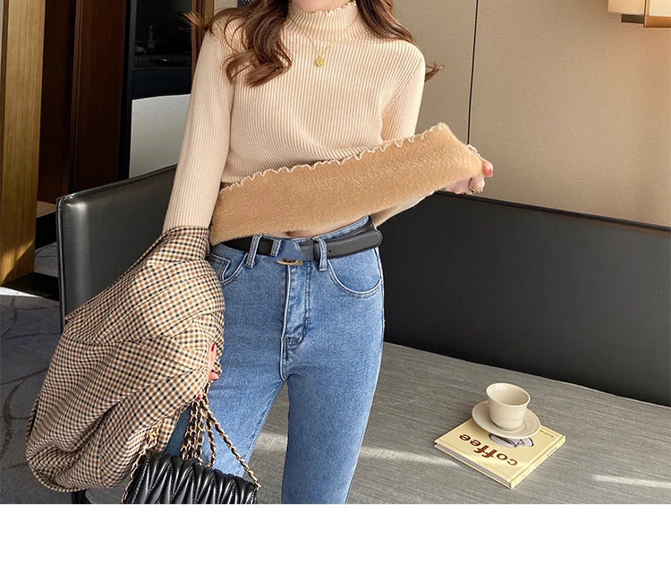 Autumn Winter Women Ruffles Mock Neck Sweater Thicken Fleece Warm Thermal Pullover For Women Cashmere Sweater 2023