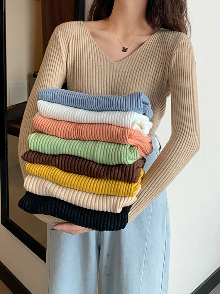 2024 Basic B-neck Solid Autumn Winter Pullover Women Female Knitted Ribbed Sweater Slim Long Sleeve Badycon High Quality Sweater