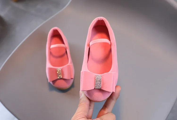 Elegant Girl Princess Shoes Fashion Bowtie Children's Leather Shoes Spring Autumn Kids Causal Solid Color Velvet Moccasins Chic