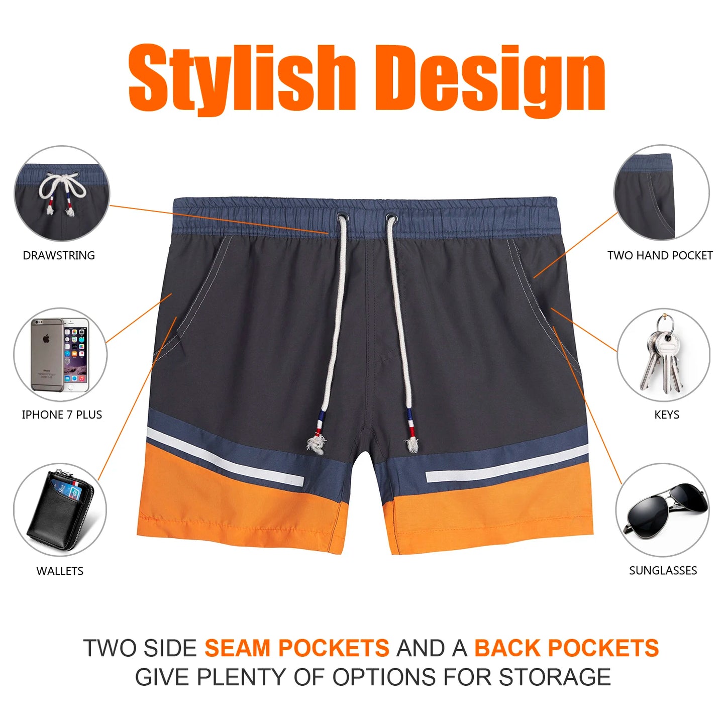 Beach Pants Summer New Style Men's Swim Shorts Pocket Mens Swimming Shorts Quick Dry Beach Trunks Swimwear with Mesh Lining