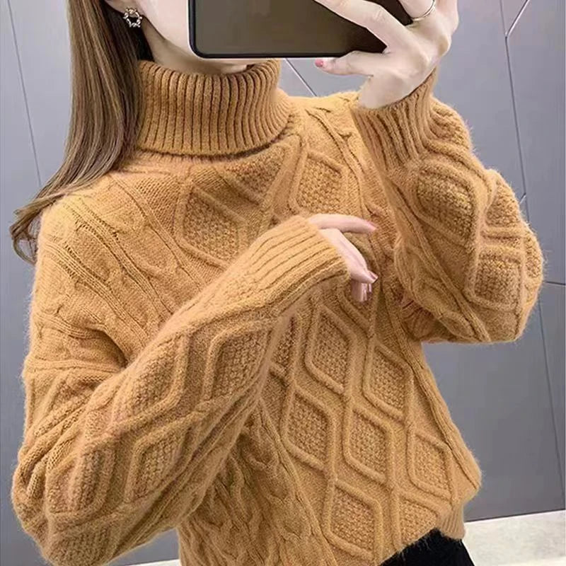 Women's Turtleneck Sweater Fall Winter New Loose Warm Knit Pullover Tops Candy Colors Knitwear Jumper Korean Soft Casual Poleras