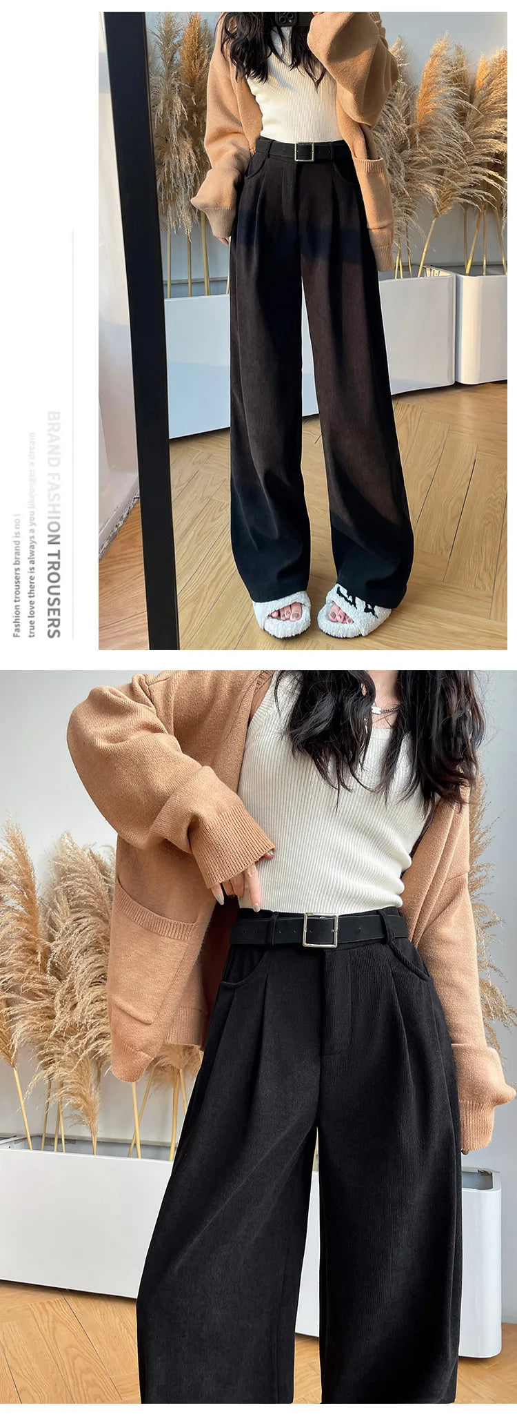 Elegant Wide Leg Pants for Women 2024 Autumn New Maillard Full Length Trousers Winter Women's Baggy Pants with Velvet Sweatpants