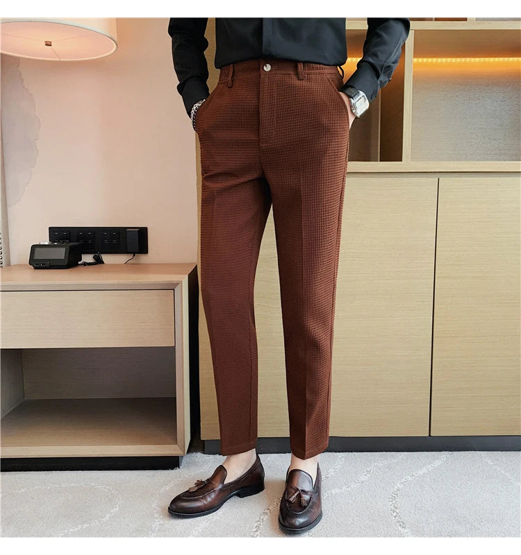 Suit Pants Autumn Winter Fashion Waffle Dress Pants For Men Clothing Business Casual Slim Fit Men's Formal Trousers High Quality