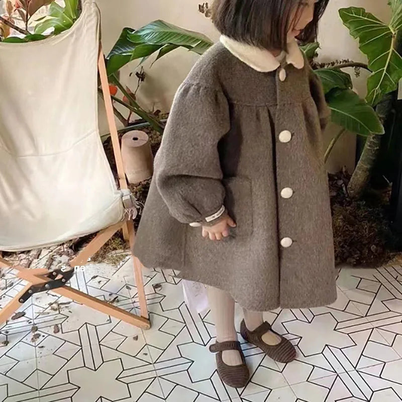 Wool Girl Woolen Woolen Fabric Loose Coat Winter New Korean Turn Down Collar Middle Length Overcoat Fashion 2024 Pleated