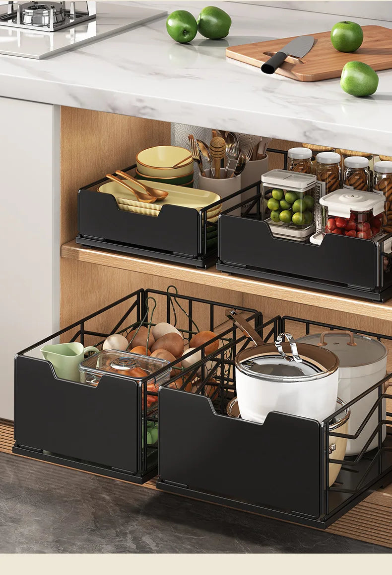 Pull-out Sink Storage Rack Bowl Dish Storage Basket Kichen Organizer Slide Drawer Storage Tray Seasoning Cabinets Organizer