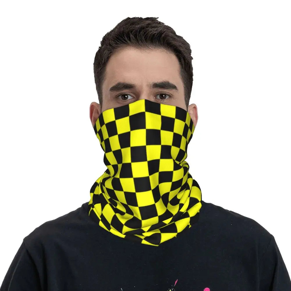 Colorful Geometric Checkered Black And Sky Blue Bandana Neck Cover Printed Racing Moto Motorcycle Wrap Scarf Warm Cycling Scarf