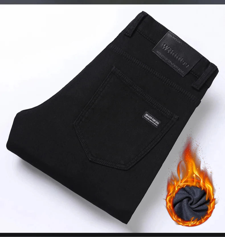 WTHINLEE Thick Fleece Men's Stretch Jeans Winter Thermal Warm Straight Casual Denim Trousers Black Soft Cozy Jean Pants