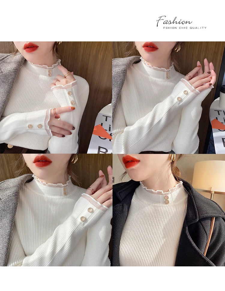 2024 Knitted Women Sweater O-neck Button Pullovers Spring Autumn Basic Sweaters for Female Pullover Slim Solid Bold Lace Tops